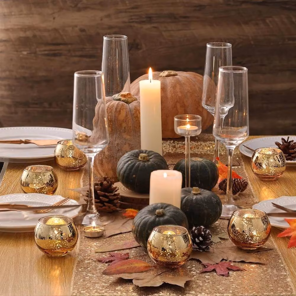PAWNORA 6-Piece Gold Glass and Metal Abstract Round Tea Light Holders – 3