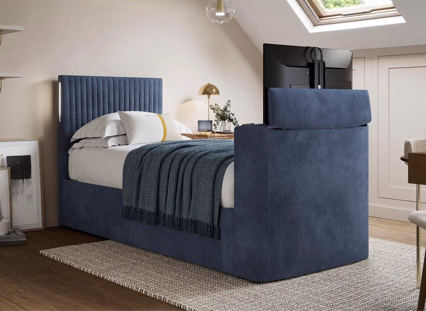 Dreams Sadie Blue Velvet Upholstered Ottoman LG TV Bed Frame with Storage, 90 x 190 cm