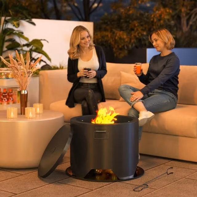 Outsunny Outdoor Round Metal Fire Pit with Lid and Fire Poker, Black