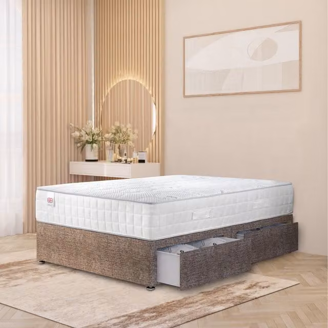 Somnior Beds Ltd Brown Fabric Upholstered Hybrid Divan Bed with Drawers, W: 90 cm, D: 200 cm