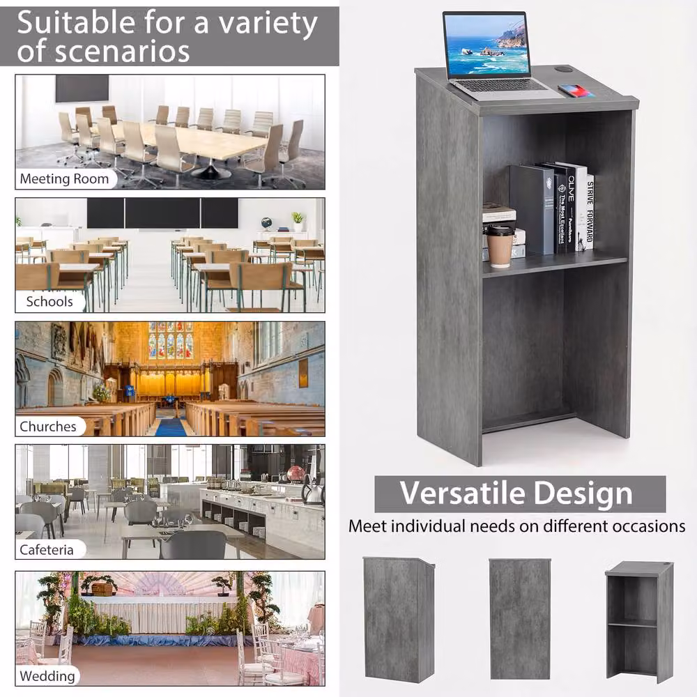 Gymax Grey Hostess Stand Podium Lectern Desk with Shelf and Tilting Top, Height: 117 cm – 5