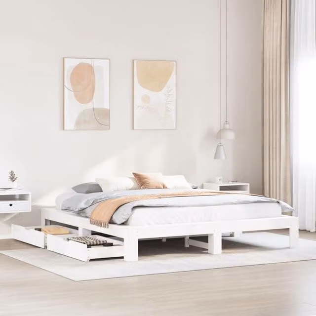 Berkfield Home Rustic Solid Wood Pine Bed Frame with Drawers, White, 200 x 200 cm