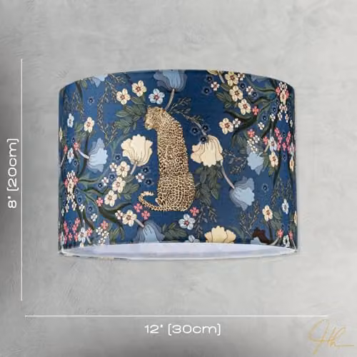 Happy Homewares Midnight Blue Fabric Cylinder Lampshade with Leopard and Botanical Foliage Design in Blue, Green, Pink and White – 5
