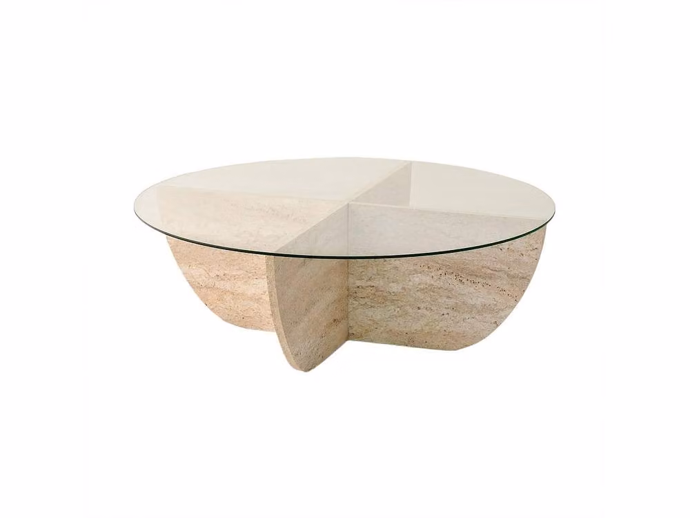 Vente-unique Aysun Tempered Glass Coffee Table with Travertine Effect in Beige and Transparent, W/D/H: 90 x 90 x 30 cm – 2