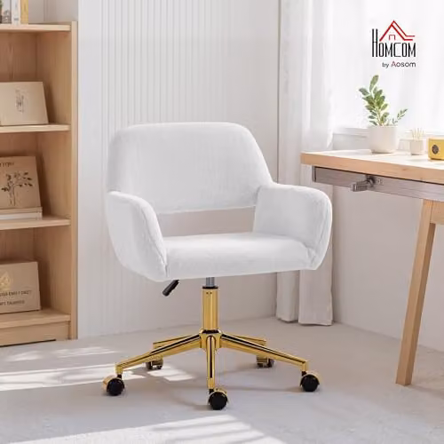 HOMCOM Modern Faux Fur Swivel Task Chair with Armrests and Castors, Beige/White, W/D/H: 60 x 57 x 120 cm – 2