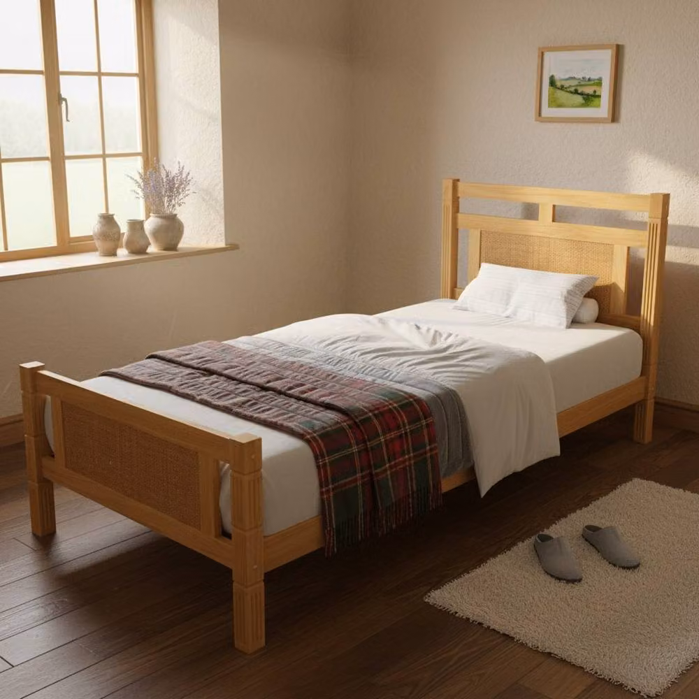 Merax Single Wooden Bed Frame with Rattan Effect Headboard in Natural, W/D/H: 90 x 190 cm – 2