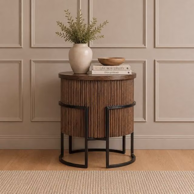 Elm Home And Garden Modern Round Mango Wood Side Table in Brown and Black