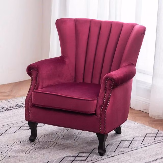 FORGEVIO Modern High Back Occasional Wing Chair in Pink Velvet Fabric with Oak Wood Legs