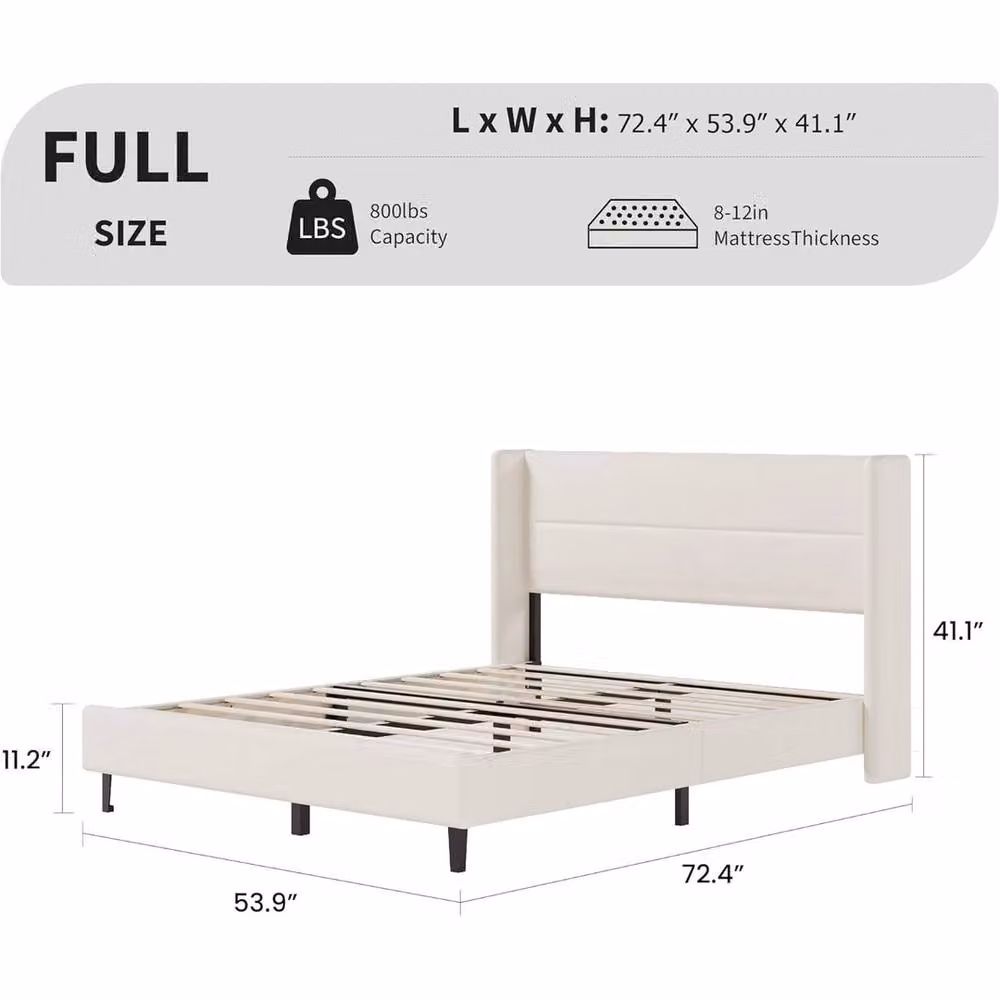 FORGEVIO Full Size Velvet Upholstered Platform Bed Frame with Headboard in White – 2