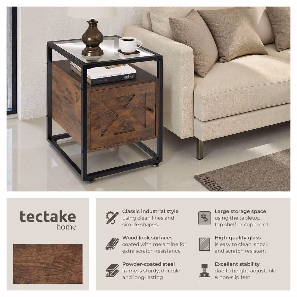 tectake Kidderminster Bedside Table with Shelf and Cupboard in Brown, W/D/H: 40 x 43 x 60.5 cm – 2