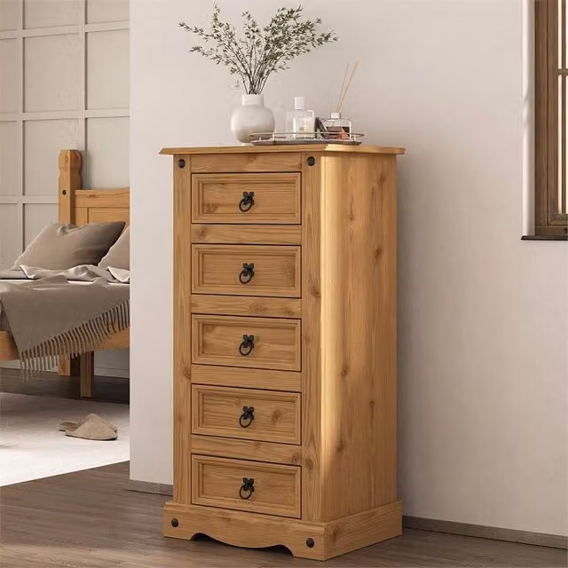 Nordara 5 Drawer Narrow Tall Chest of Drawers in Brown Rustic Mexican Solid Pine – 1