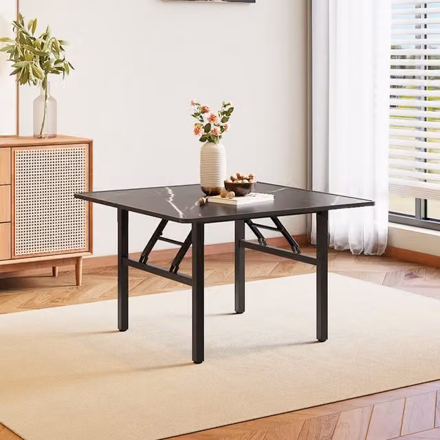 Livingandhome Modern Square Foldable Dining Table with Black MDF Top and Metal X-Frame Legs, Width: 80 cm