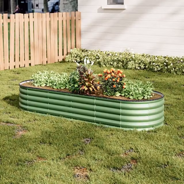 Lifeideas Oval Metal Raised Flower Bed with 2 Support Rods in Green