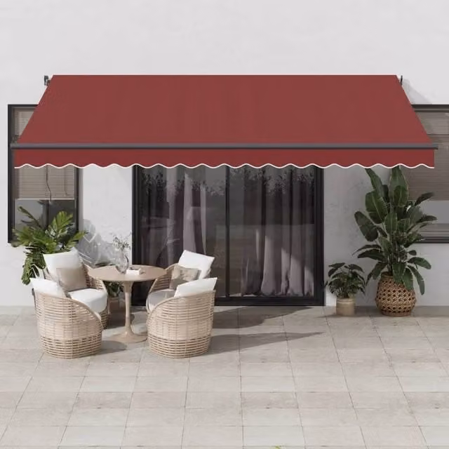 Berkfield Home Manual Retractable Awning with LEDs, Burgundy and Black, W: 450 cm, D: 350 cm – 1