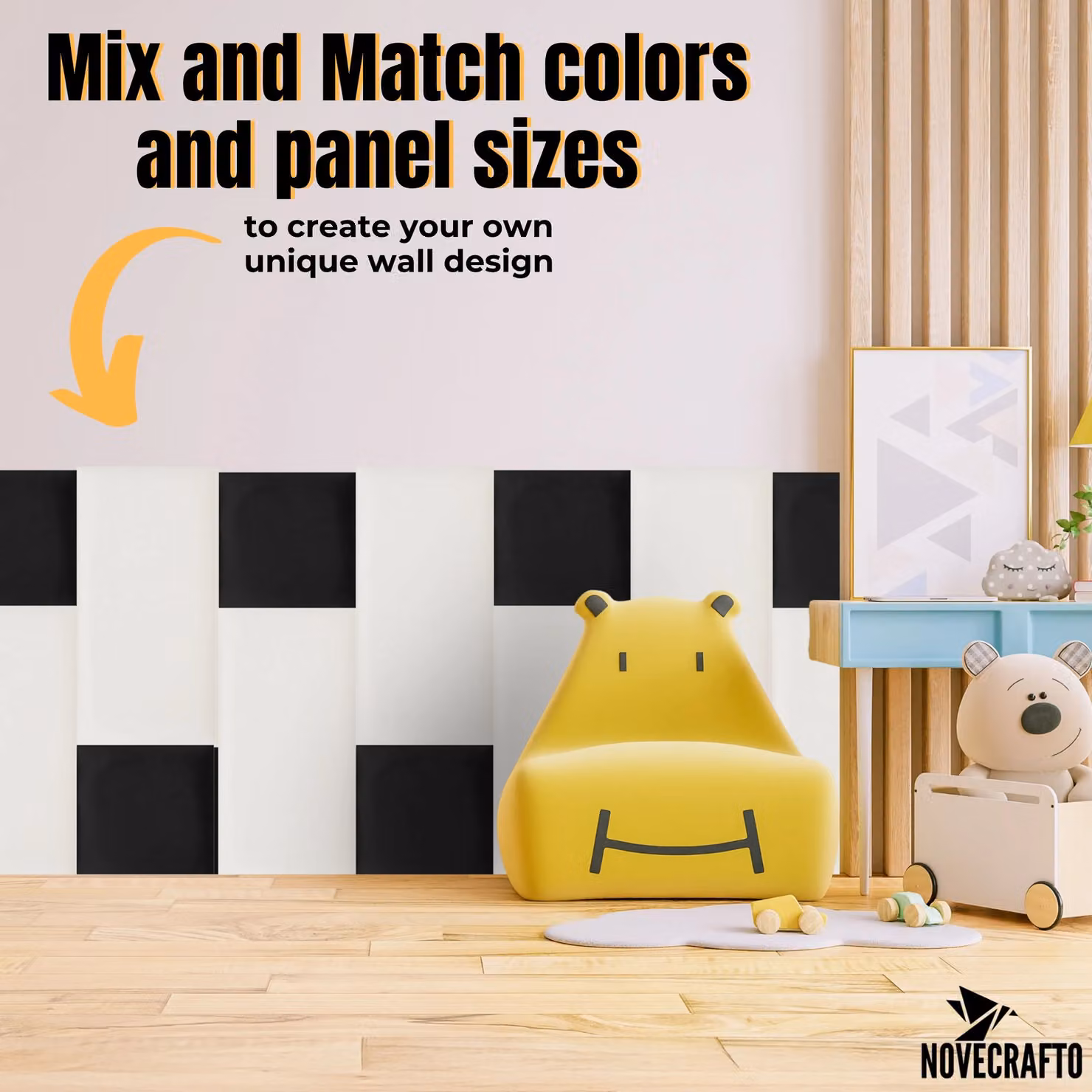 Novecrafto Set of 4 Soft Velvet Upholstered Wall Panels with Adhesive, Black, W/D/H: 30 x 30 x 3 cm – 4