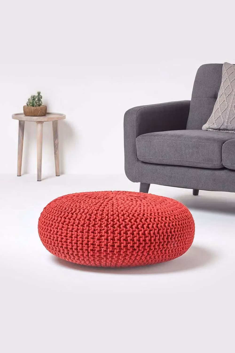 Homescapes Large Round Red Cotton Knitted Pouffe Footstool – 2