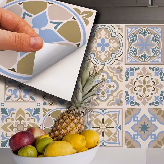 Walplus Adhesive Floral Wall Tile Stickers, Multicoloured Blue, 24 Pack, 15 x 15 cm