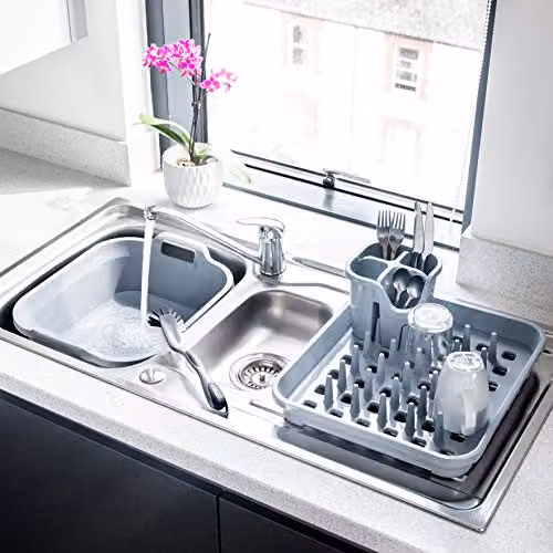 Addis Eco Draining Dish Plate Rack with Pegs and Cup Holder, Light Grey, W: 33.5 cm, D: 38 cm, H: 5 cm – 5