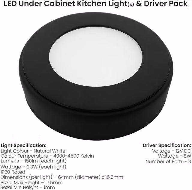 Loops 3x Matt Black Round Surface or Flush Under Cabinet Kitchen LED Light and Driver Kit with Natural White Light