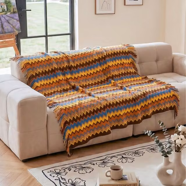 Livingandhome Brown and Multicolour Striped Boho Knitted Throw Blanket with Fringes