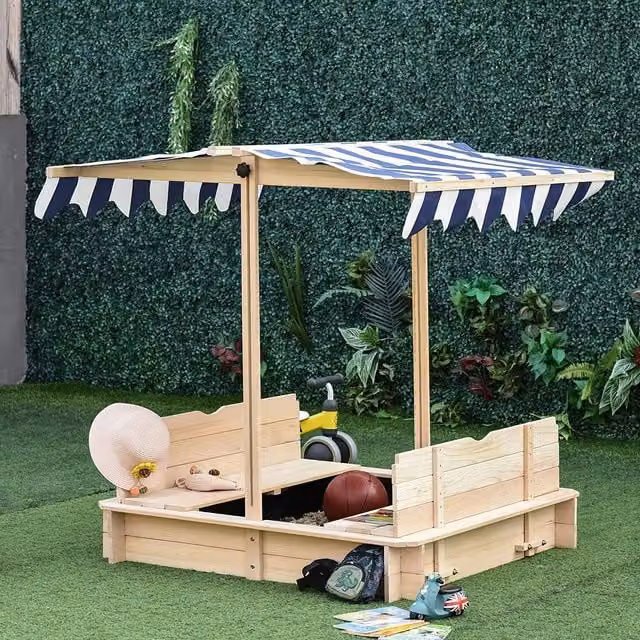 Outsunny Kids Sand Pit Bench with Adjustable Canopy in Natural Wood
