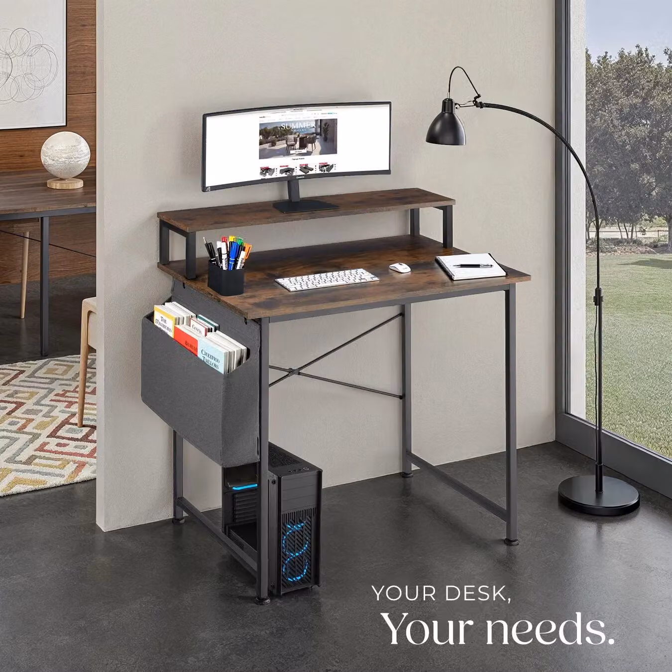 tectake Computer Desk with Shelving and Fabric Storage Bag in Brown and Black – 6