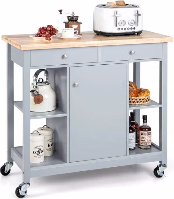 COSTWAY Mobile Kitchen Island Cart in Grey with Rubberwood Top – 1