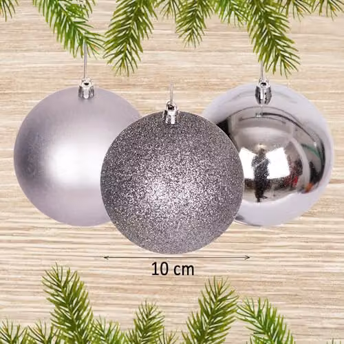 Shatchi Set of 3 Grey and Silver Christmas Bauble Hanging Decorations, Diameter: 10 cm – 2