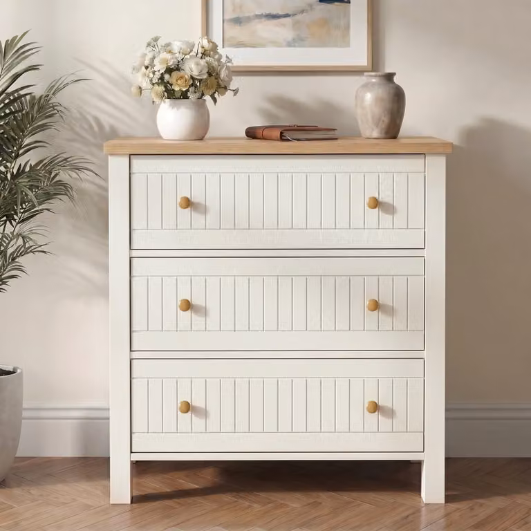 DHS White Painted 3 Drawer Chest of Drawers with Oak Top, H 83 x W 80 x D 42 cm