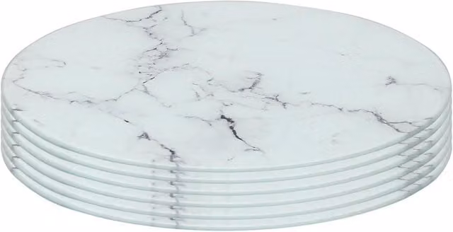 Harbour Housewares Set of 6 Round Glass Placemats in White Marble Effect, Diameter: 30 cm