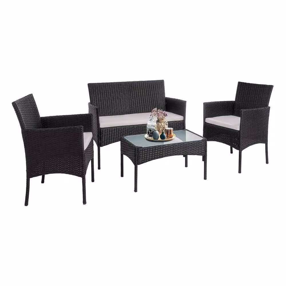 FLAVORA Black Polyrattan Outdoor Garden Furniture Set with Upholstered Cushions, Lounge Armchair and Coffee Table