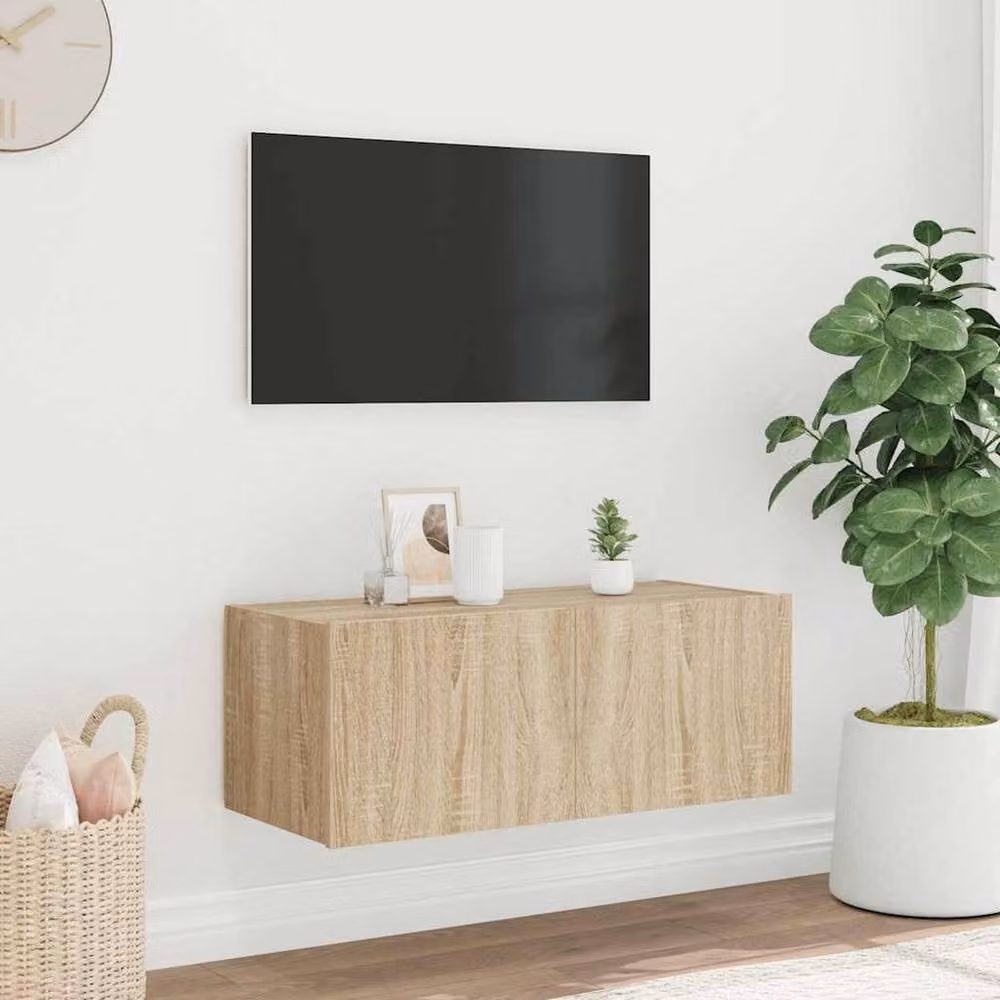 Berkfield Home TV Wall Cabinet with LED Lights in Sonoma Oak, W/D/H: 80 x 35 x 31 cm – 2