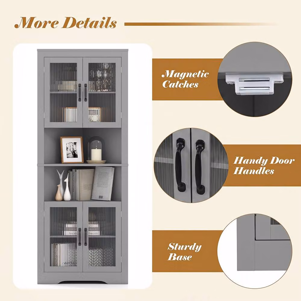 Costway 6-Tier Corner Storage Cabinet with 4 Glass Doors, Grey, Height: 170 cm – 4