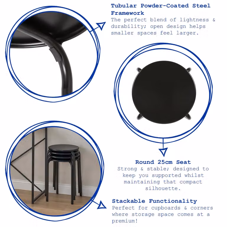 Harbour Housewares Metal Stacking Stools, Matt Black and White, Pack of 10