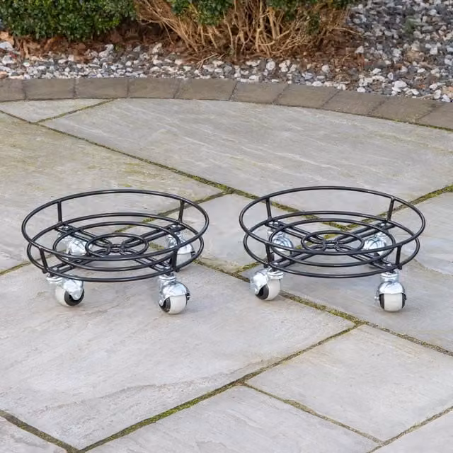 Samuel Alexander Pack of 2 Black Metal Garden Plant Pot Trolleys with Castor Wheels, Diameter: 32 cm