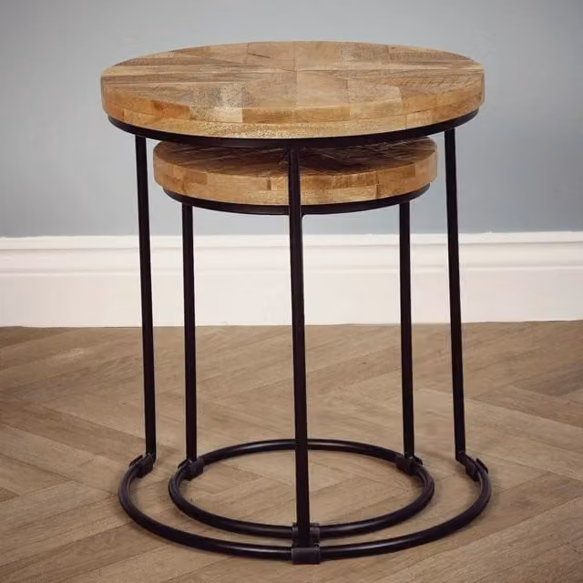 Elm Home And Garden Round Solid Wood Nest of Two Tables, Brown, H47 x W43 x D43 cm