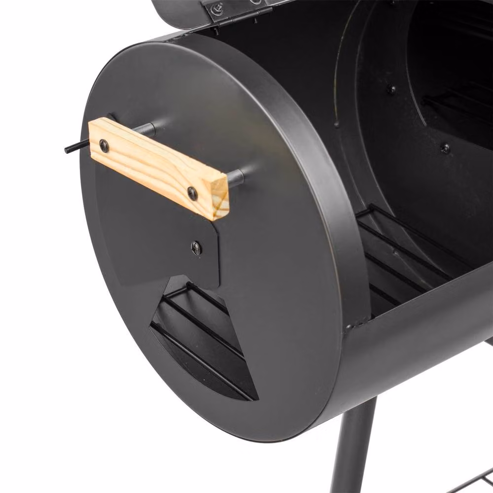 VOGREX Black Offset Charcoal Drum Barrel BBQ Smoker Grill with Thermometer and Wheels, W/D/H: 114 x 63 x 63 cm – 2