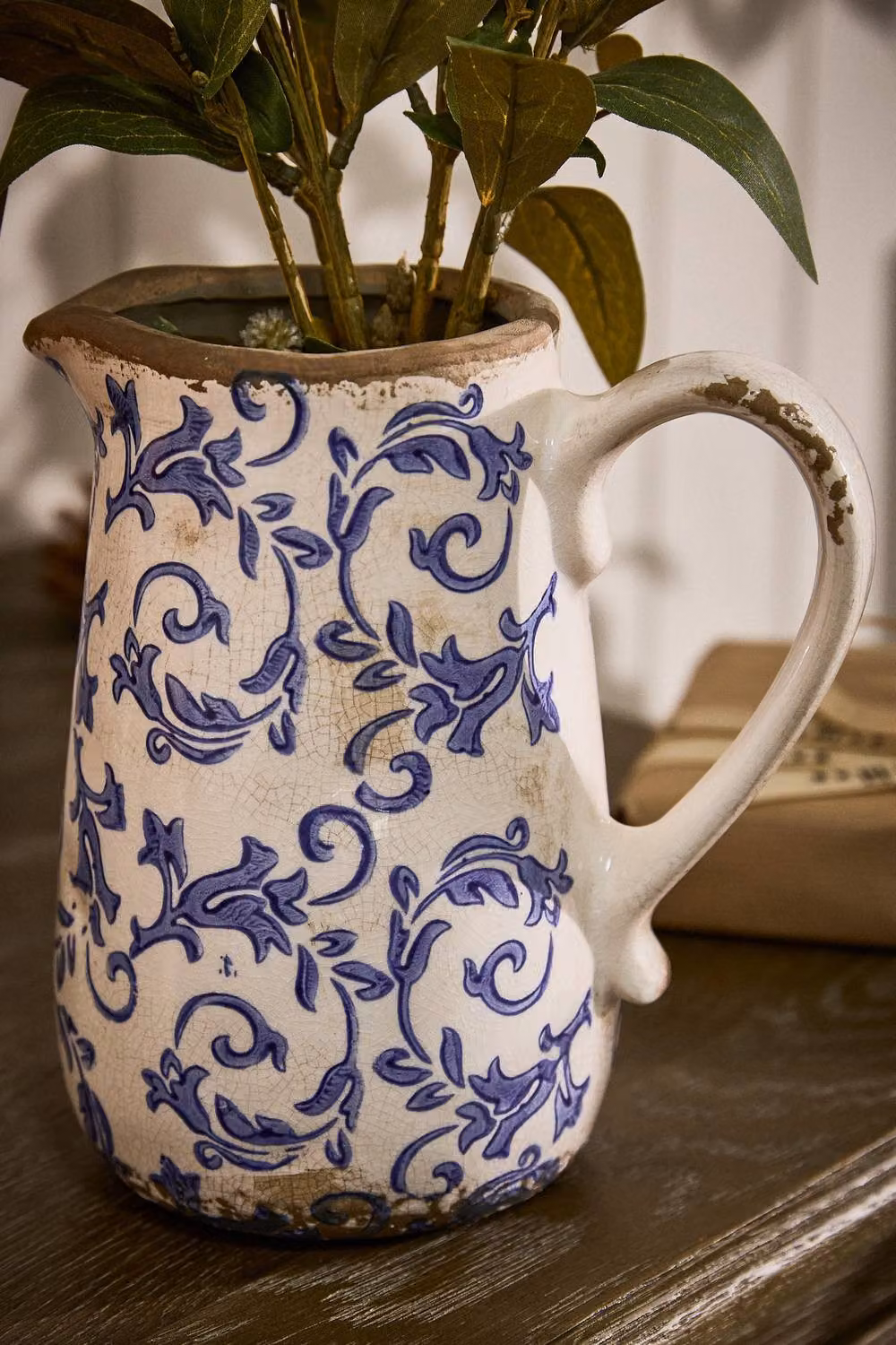 Dibor Solene Small Vintage Ceramic Pitcher Jug with Blue Botanical Floral Design in Cream, H18 x W16 cm – 2