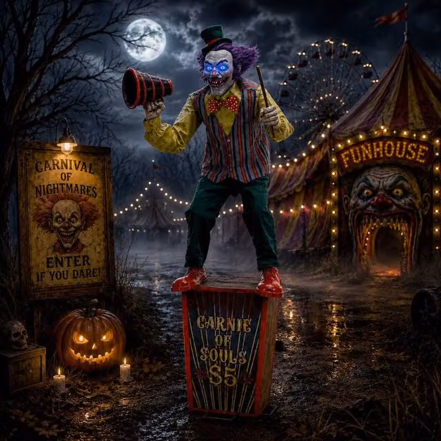 Samuel Alexander 6ft Servo Carnival Barker Halloween Animatronic with Glowing Digi-Eyes and Multicolour Striped Design – 1