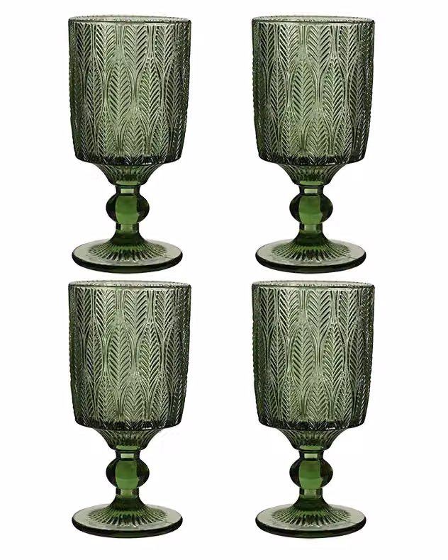 Dibor Set of 4 Green Floral Trailing Leaf Drinking Goblet Glasses, 350ml per glass – 2