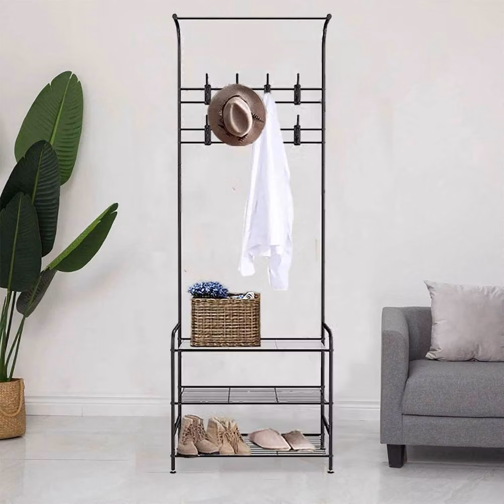 SPETLEK Black Metal Hall Tree with Bench and Coat Stand Shoe Rack, Height: 180 cm, Width: 100 cm, Depth: 18 cm – 2