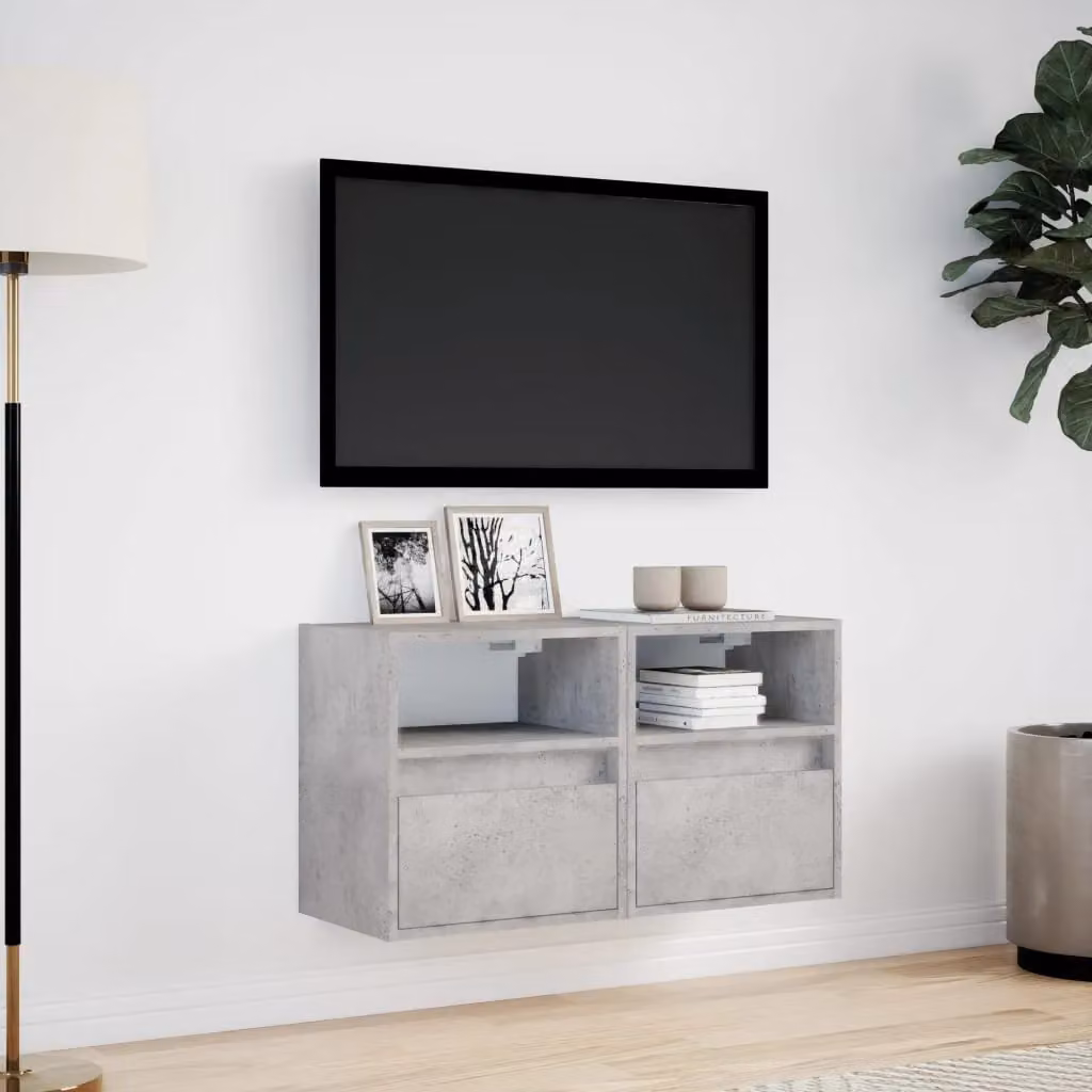 Berkfield Home Set of 2 Modern Wall Mounted TV Cabinets with LED Lighting in Matt Concrete Grey, W/D/H: 41 x 31 x 45 cm – 2
