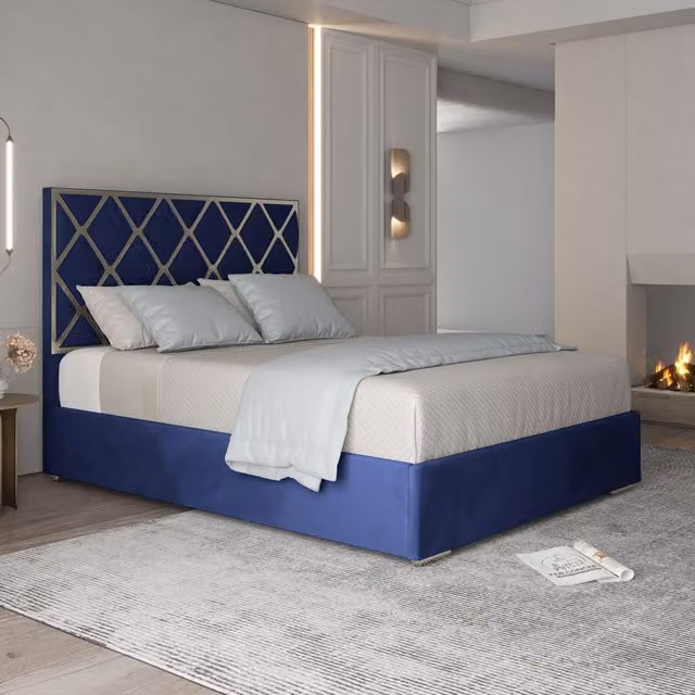 KDMD Tammy Small Double Upholstered Soft Velvet Metal Bed Frame in Blue – 1