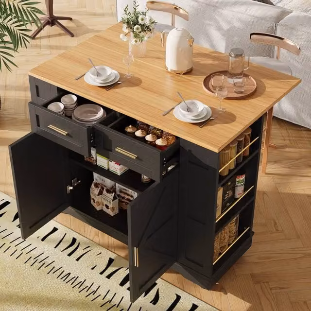 Fascinate Black Rolling Kitchen Island Cart with Foldable Worktop and Storage – 1