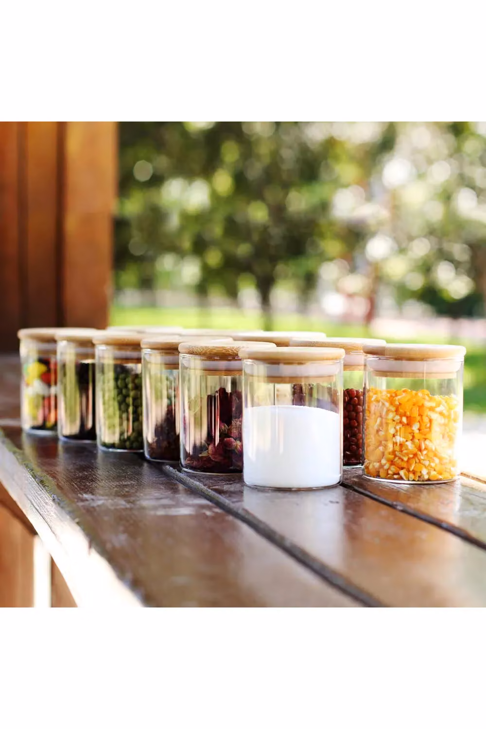 Living and Home 12-Piece Glass Airtight Spice Canister Set with Bamboo Lids in Clear – 3