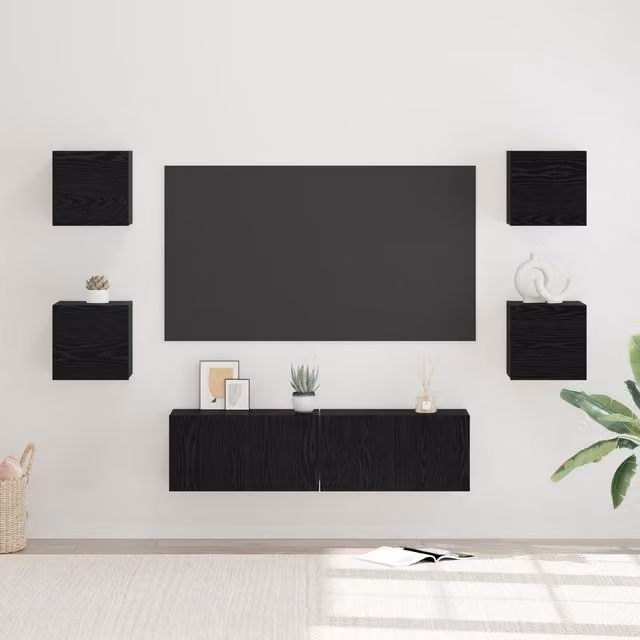 Berkfield Home Wall-Mounted Black Oak TV Cabinet with Hinged Doors and Internal Shelves
