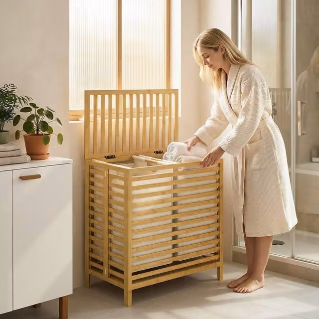 HOMCOM Natural Bamboo Laundry Basket with Lid and 2 Removable Bags, Foldable and Collapsible, Beige – 1