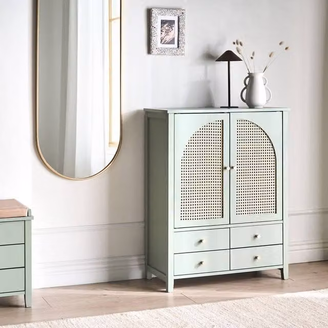 Wyld and Coco Boho Green Shoe Storage Cabinet with Doors, Drawers and Rattan Details