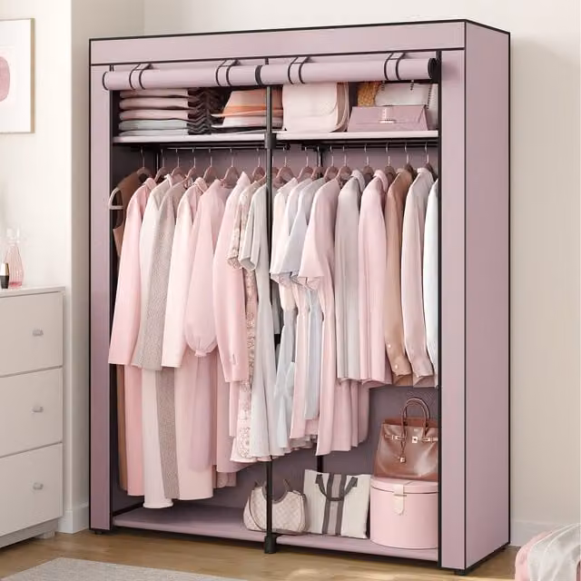SONGMICS Pink Fabric Wardrobe with Clothes Rails and Internal Shelves