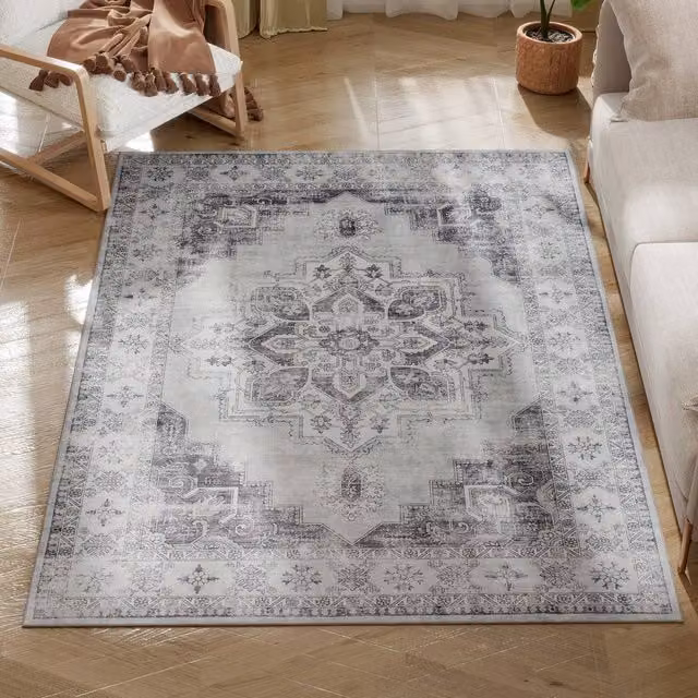 HOMCOM Grey Floral Flannel Non-Slip Washable Polyester Rug for your Living Room, W: 170 cm, D: 120 cm – 1